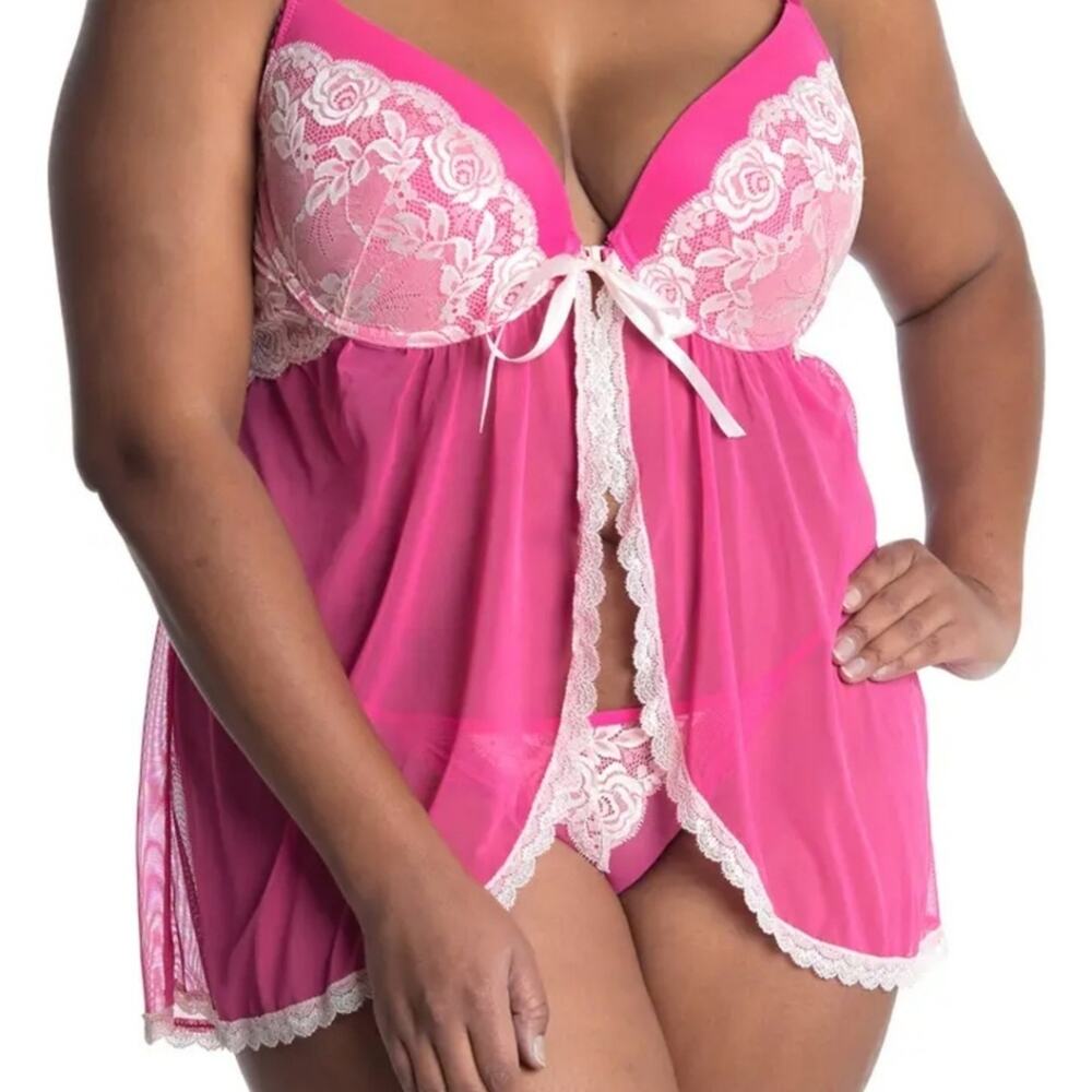 NWT 2X Jessica Simpson Galloon Lace Pink Yarrow Babydoll Chemise & Thong 2pc Set